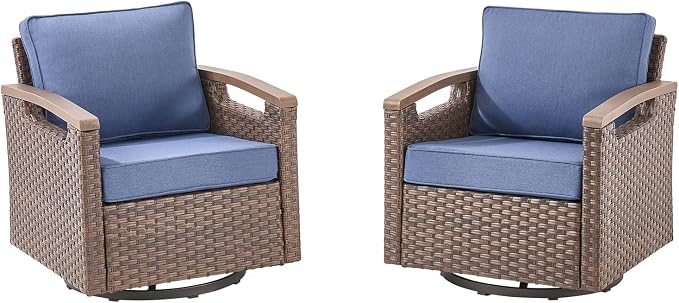 Rilyson Outdoor Patio Wicker Swivel Rocker Chairs Set of 2 Blue, All Weather Rattan Outdoor Patio Furniture Set, Metal Armrest, Deep Seating, Ideal for Deck Porch Backyard