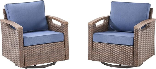 Rilyson Outdoor Patio Wicker Swivel Rocker Chairs Set of 2 Blue, All Weather Rattan Outdoor Patio Furniture Set, Metal Armrest, Deep Seating, Ideal for Deck Porch Backyard