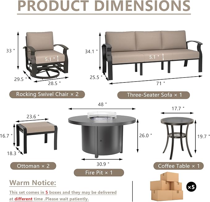 ALAULM Aluminum Patio Furniture Set with Coffee Table Rectangular, 5-seat Outdoor Sectional Furniture w/2 Swivel Chairs, Patio Conversation Set for Porch, Backyard, Sand