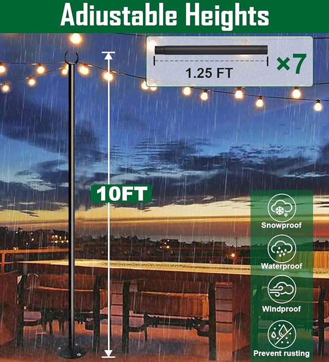 10ft String Light Poles for Hard Surfaces, Light Poles for Outdoor String Light, Perfect for Garden, Backyard, and Patio Lighting Stand for Parties, Wedding - Matte Black Finish - 2 Pack