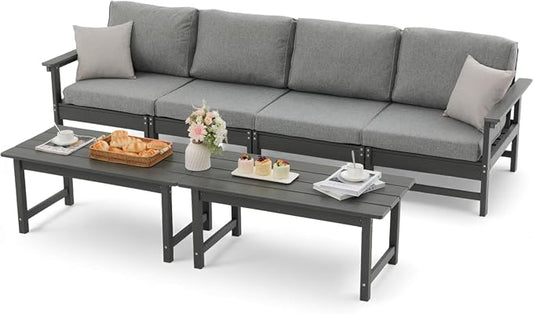 HDPE Outdoor Patio Furniture Set, 6-Piece Sofa Set with 4-Seat Couch 2 Coffee Tables, Weatherproof Conversation Set with Cushions, All-Weather Waterproof, for Garden, Porch & Backyard