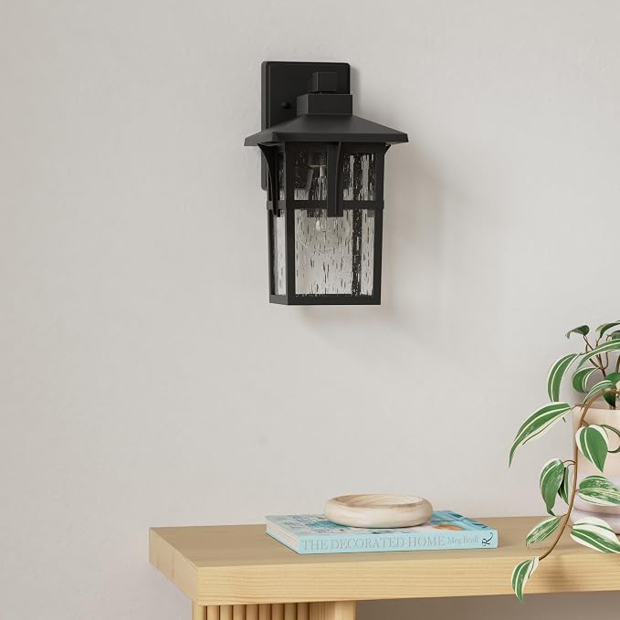 HWH INVESTMENT Outdoor Indoor Wall Sconce Exterior Wall Lantern with Seeded Glass Shade, Waterproof Porch Light Fixtures for Doorway, Hallway, Garage, Matte Black, 5HX62B BK