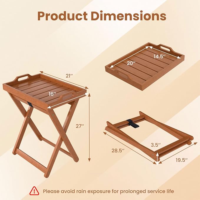 HAPPYGRILL Outdoor Wood Tray Table Folding Side Table with Removable Serving Tray, Portable Patio End Table for Porch, Garden, Backyard, Poolside (2)