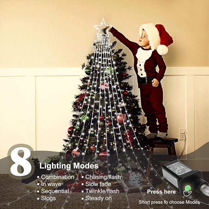 Outdoor Christmas Star Lights 320 LED Waterfall Christmas Tree Lights 8 Lighting Modes Outdoor Christmas Decorations Star String Lights for Outside Tree Wall Yard Xmas Wedding Party (White)