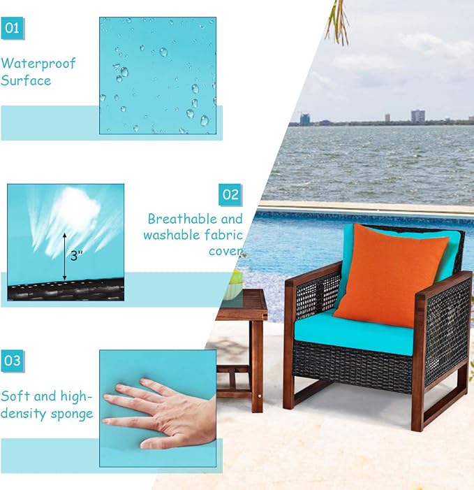 Tangkula 3 Pieces Patio Wicker Furniture Set, Rattan Outdoor Sofa Set w/Washable Cushion & Acacia Wood Coffee Table, Conversation Bistro Set for Garden Balcony Backyard (Turquoise)