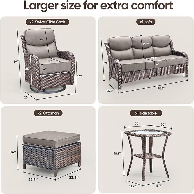 Swivel Patio Chairs Sofa Set of 6-6" Thick Cushion - Wicker Outdoor Swivel Rocker Patio Chair,Sofa/Side Table, High Back Comfortable Outdoor Glider Chairs - Brown Wicker Grey Cushions