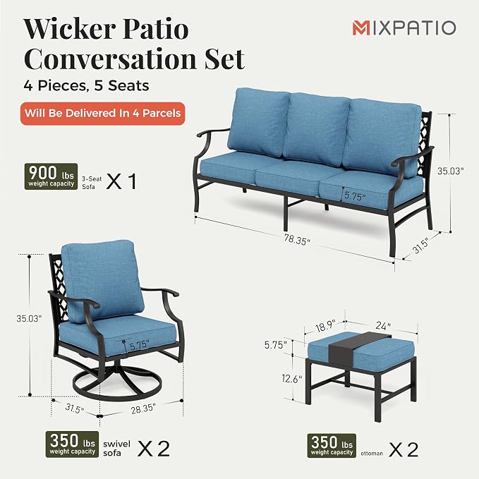 MIXPATIO Patio Furniture Set 5 pcs, Outdoor Patio Furniture, 3-Seat Sofa, 2 Swivel Chairs, 2 Ottomans and 5.75" Extra Thick Cushion, Conversation Set for Backyard Deck,Navy Blue