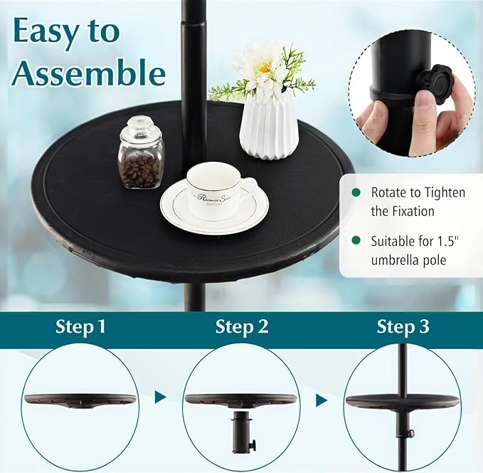 Outdoor Adjustable Umbrella Table Tray, 20'' Portable Round Umbrella Table Top for 1.5ft Patio Umbrella Pole, Black.