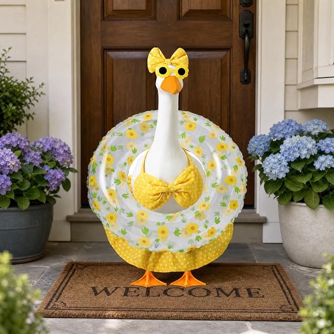 Summer Porch Goose Outfit with Sunglasses and Swim Ring for 23" Goose Statue Hawaiian Bikini Goose Outfits Porch Goose Clothes Costume for Garden Lawn Yard Decor(Yellow DOTT)