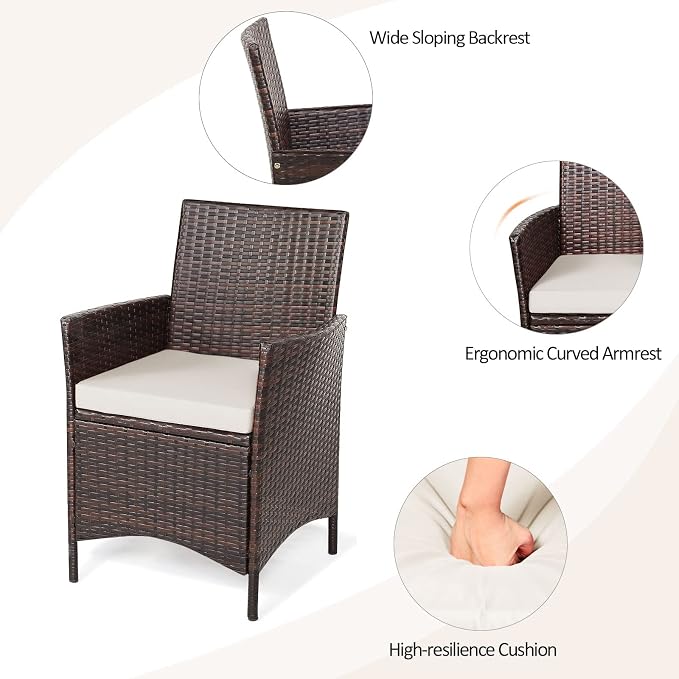 COSTWAY 3 Pieces Patio Rattan Furniture Set, Outdoor Wicker Cushioned Sofa with Tempered Glass Tabletop, Rattan Conversation Set for Porch Yard Balcony Backyard Pool, White