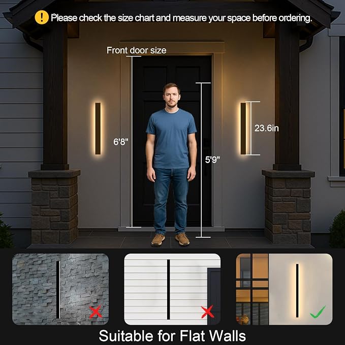 Outdoor Wall Lights - 2pack 23.6inch Long Strip Modern Outdoor Wall Light Fixture, Dimmable Black Wall Mount Exterior Lighting Wall Sconce Outside Garage Lights for House, Courtyard, Corridor