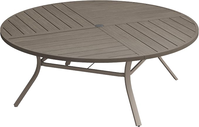 Patio Dining Table for 8-10, Round Metal Outdoor Table with Storage Shelf, 1.57" Umbrella Hole, 63" Outdoor Quartered Tabletop Dining Table for Backyard, Porch, Lawn, Grey