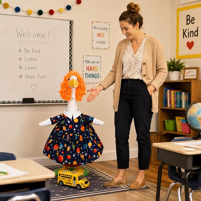 JcHrmers Back to School Porch Goose Outfits Teacher Goose Outfits Lawn Goose Clothes Fits 23" Cement Plastic Goose Statue for School Classroom Outdoor Garden Lawn Yard Patio Decor