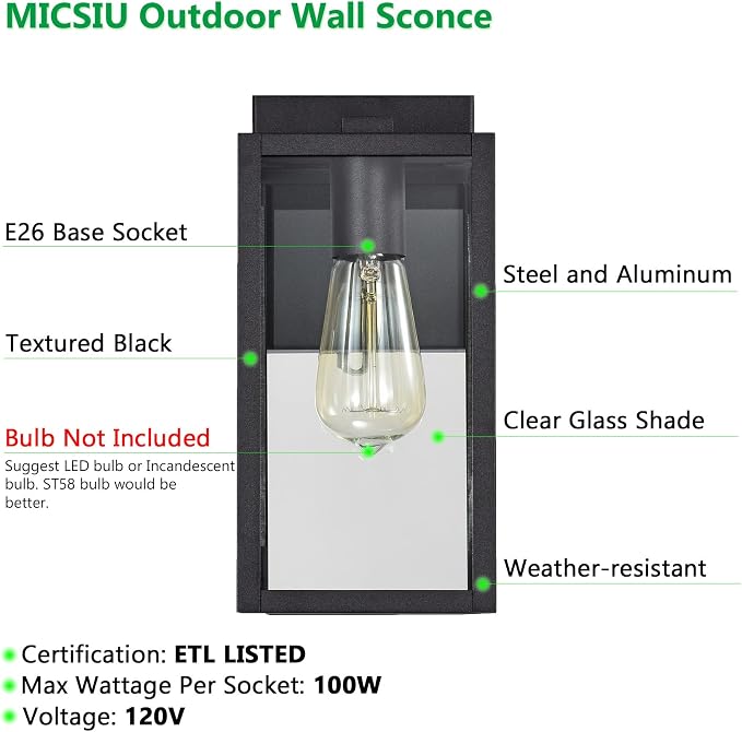 MICSIU 2 Pack 11“ Textured Black Modern Farmhouse Outdoor Light Fixture | Rustic Exterior Wall Sconce with Clear Glass, Outside Porch Lights for House Garage Patio, E26 Base