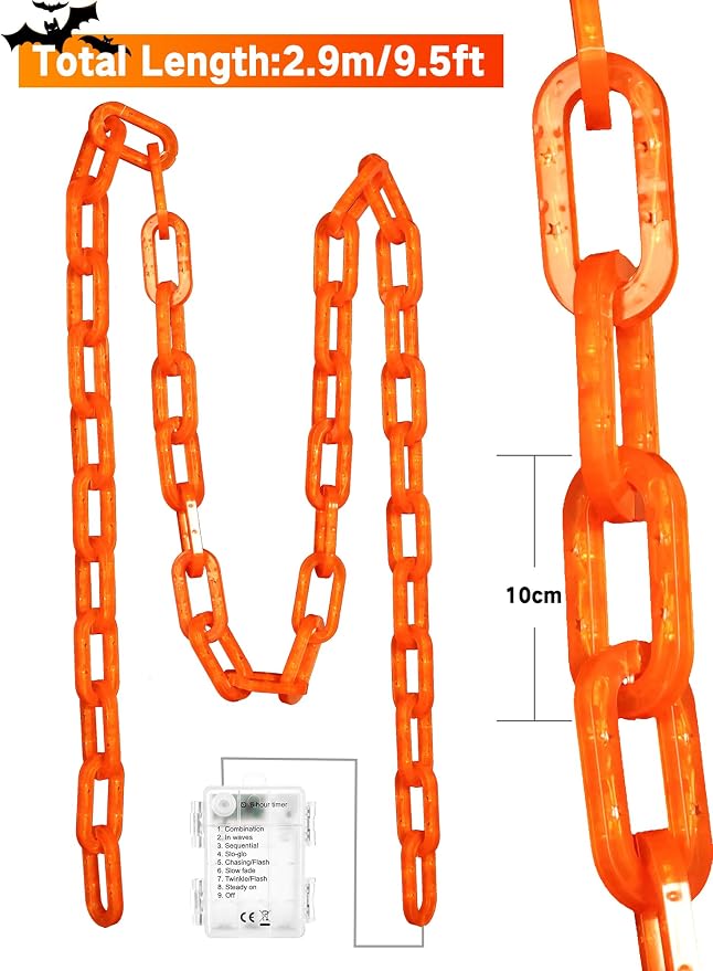 Battery Halloween Chain Lights, 10 FT 160 LED Orange Light-Up Plastic Timer | 8 Modes Battery Operated with Memory for Skeleton Dog, Yard Skeleton, Haunted House and Outdoor Decor Halloween Decorations