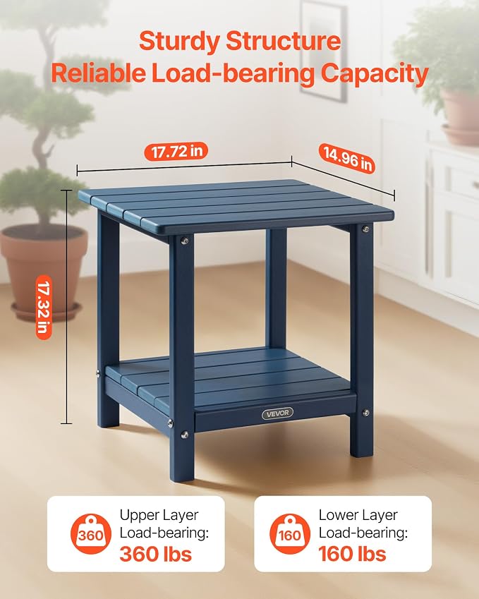 VEVOR Outdoor Side Table, 17.72W x 14.96D x 17.32H Inch, Double Layer HDPE Outside End Table for Easy Maintenance, Withstand Harsh Weather, Fit for Patio, Pool, Beach, Porch, Indoor, Backyard, Blue