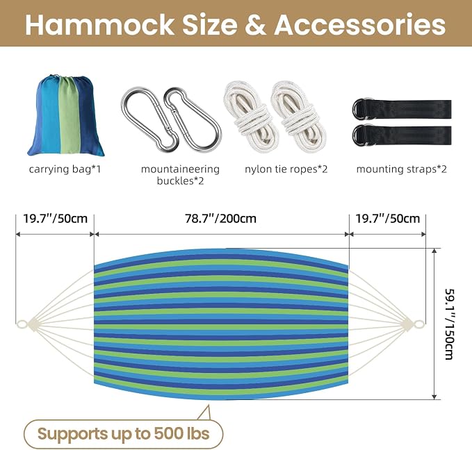 Bellzacasa Brazilian Double Camping Hammock, Portable Hammock Heavy Duty 500 lb Load Capacity Tassels and Fishtail Knitting with Carry Bag & Tree Straps for Patio Balcony Backyard, Blue Stripes
