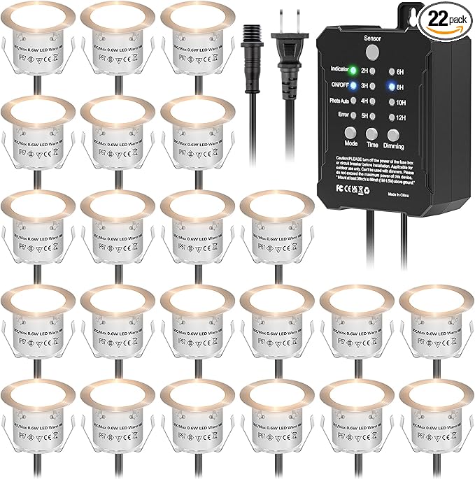 HIBOITEC Low Voltage Deck Lights Kit with Transformer Dimmable Timer and Photocell Sensor Outdoor Recessed LED Deck Lighting IP67 Waterproof 2700K for Stair Step Outdoor Garden Yard 22 Packs