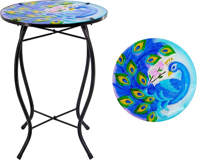 12 Inch Round Peacocks Glass Side Table, Patio Small Table, Outdoor Side Table, Outdoor Bar Table, Metal Glass End Table for Porch Garden Patio Pool Living Room