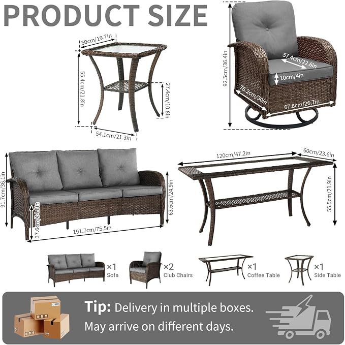 SHGJ&SOFT All Weather Patio Furniture Set, High Back Swivel Rocker Glider Chairs，Ottomans & Glass Tables, Outdoor Conversation Set for Deck Porch Yard Poolside (Grey, 5PCS-Sofa&Swivel Chairs&Tables)