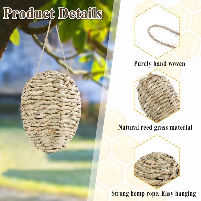 4 Pack Fake Wasp Nest Decoy, Woven Reed Wasp Hornet Decoys, Waterproof Faux Hornets Nest, Outdoor Hanging Decoration for Patio, Garden, Eaves