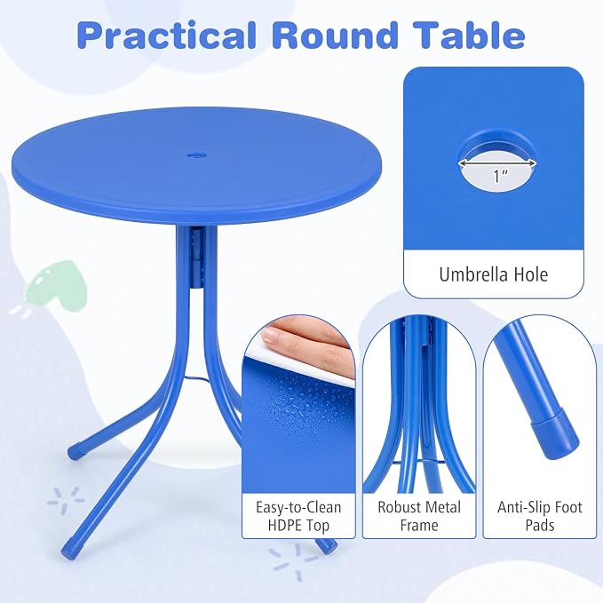 KOTEK Kids Picnic Table with Umbrella, Outdoor Table & 2 Folding Chairs, Cute Pattern Children’s Patio Furniture, Portable Kids Table and Chair Set for Backyard, Garden, Beach (Blue Ocean)