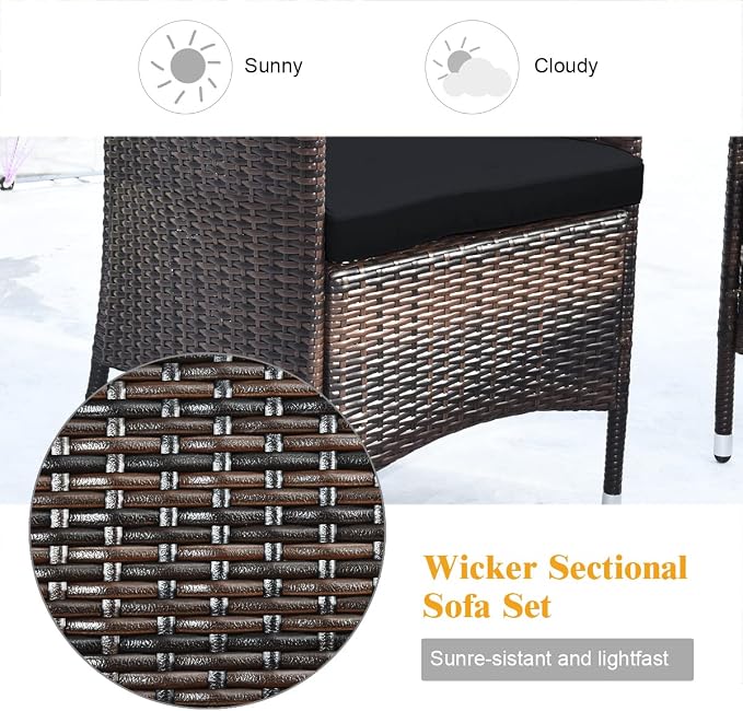 4 Pieces Patio Sofa Set, Wicker Conversation Set with Ergonomic Curved Backrest, Patio Rattan Furniture Set with Water-Resistant Cushion & Tempered Glass Table for Balcony, Porch (Black)