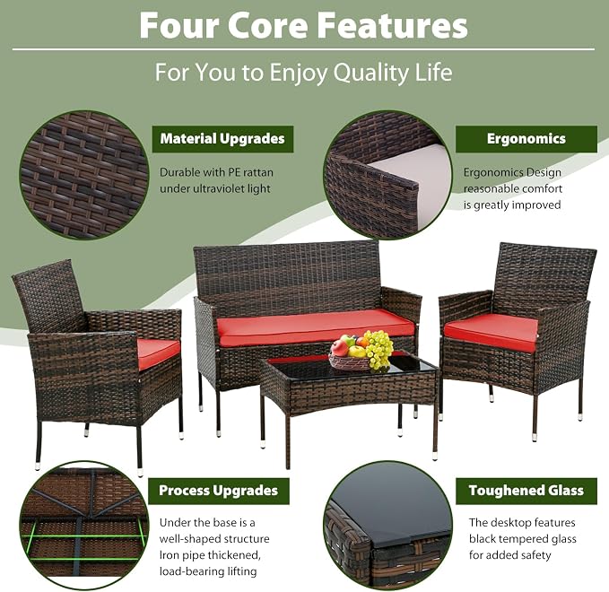 PayLessHere Outdoor Furniture Set 4 Pcs Modular Patio Furniture Set Water Resistant Conversation Set with 3 Rattan Chairs 1 Tempered Glass Topped Table for Patio Poolside, Brown Wicker/Red Cushions