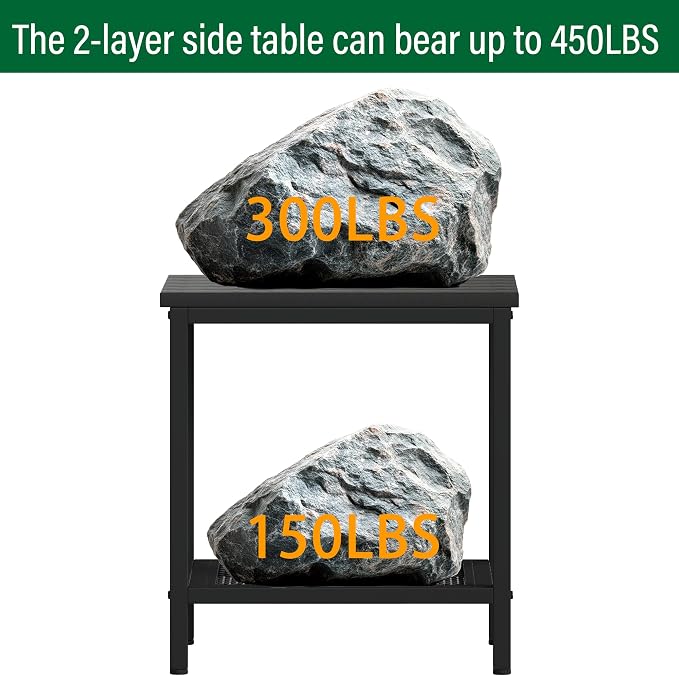 Outdoor Side Table with Storage, 2-Tier Patio End Tables Weather Resistant, Black Outdoor Accent Table,Small Side Table for Pool, Deck, Garden