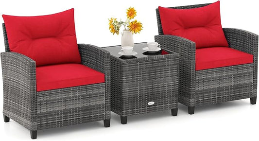 ORALNER Patio Furniture, 3 Pieces Outdoor Wicker Conversation Set Chairs with Soft Cushions and Glass Coffee Table, Rattan Bistro Set for Balcony Garden Deck Front Porch Poolside (Red)