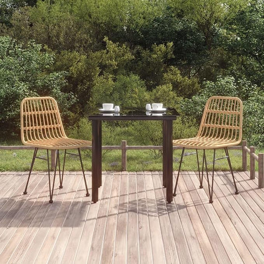 3 Piece Patio Dining Set, Poly Rattan Bistro Furniture for Garden, Balcony and Backyard, Includes Tempered Glass Table and 2 Comfortable Chairs