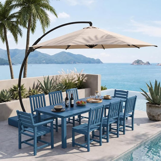 9-Piece Outdoor Dining Set with 11FT Umbrella for 8,Navy Blue | 75.2'' HDPE table, chairs included, weather-resistant furniture with hole, ideal for lawn, poolside, yard, garden, deck