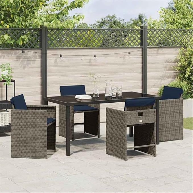 Afuera Living 5 Piece Poly Rattan Garden Dining Set, Gray Finish, Cushioned Seats, Tempered Glass Tabletop, Powder-Coated Steel Frame, UV-Resistant, Stylish Patio or Garden Seating