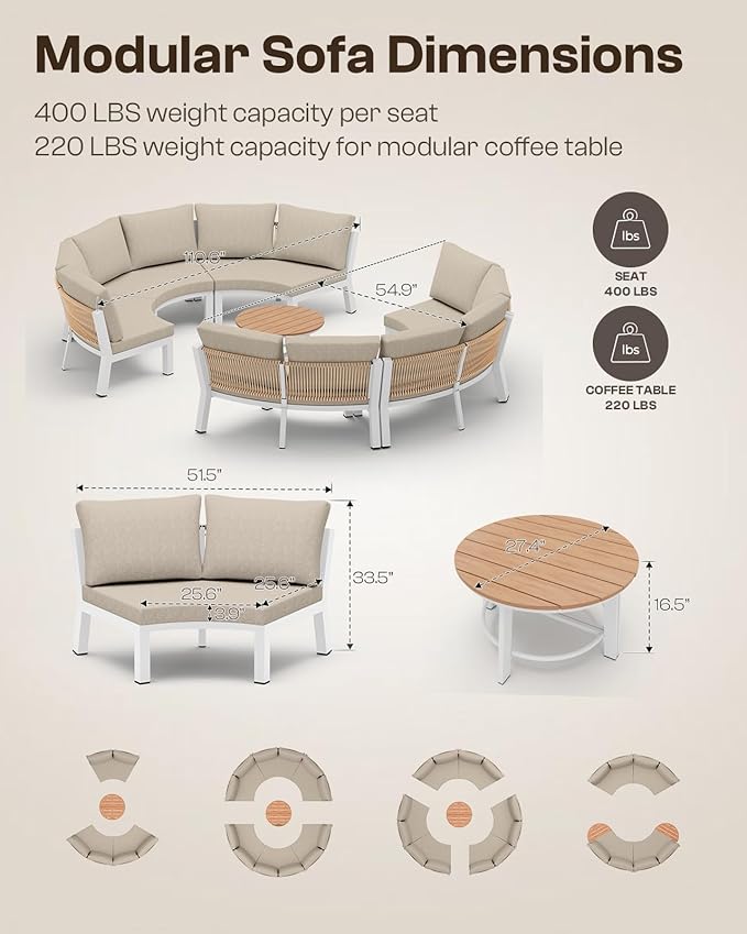 Outdoor Aluminum Round Coffee Table, All-Weather Patio Coffee Tables for Outside with PS Wood-Like Table Top, Modular Coffee Table for Backyard, Balcony, Deck, Yard, White