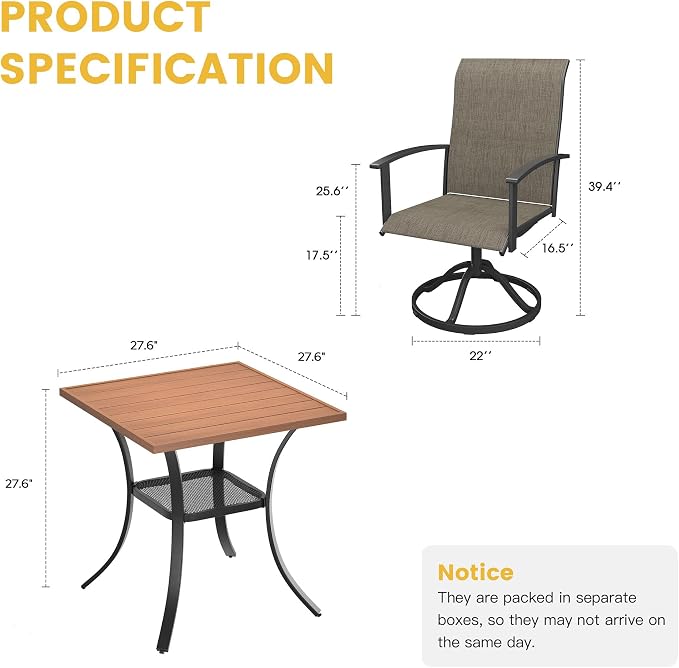 VICLLAX 3 Pieces Small Patio Dining Set-28 Small Outdoor Table and Swivel Patio Chairs Set for Deck, Lawn and Garden, Walnut Table and Mixed Brown Chairs