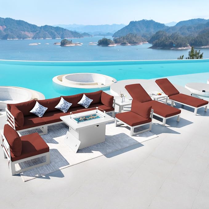 RADIATA 11 Piece XL Aluminum Patio Sectional Furniture Set with Chaise & Fire Pit Table, 500 lbs Heavy Duty Anti-Rust Outdoor Couch, 29 inch Deep Wide Seating, Elegant Conversation Sofa for Yard, Red