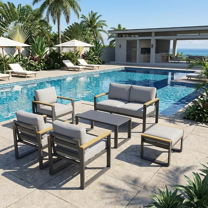 IDEALHOUSE Aluminum Patio Furniture Set, 6 Seats Outdoor Patio Conversation Sets with Coffee Table, 6 Pieces Metal Conversation Sectional Furniture Sofa for Balcony, Garden, Deck, Backyard,Gray