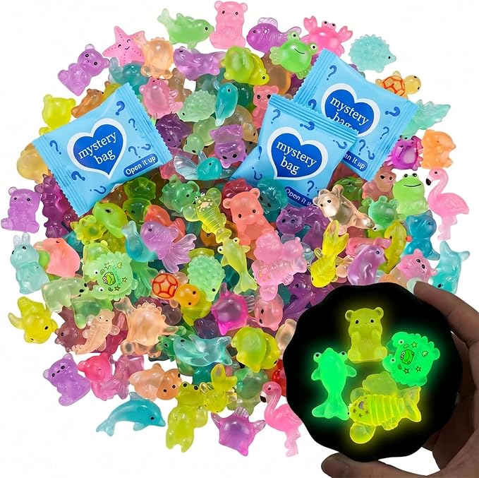 50 Pcs Mini Resin Animals Blind Bags, Glow in The Dark & Glitter Mystery Animals, Individually Wrapped Tiny Luminous Miniatures for Fairy Garden, Micro Landscape, DIY Crafts