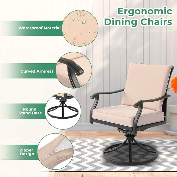 LVUYOYO 7-Piece Outdoor Patio Dining Set, Metal Swivel Chair & Rectangular Table Set, All-Weather Furniture for Backyard, Garden,Balcony,Porch (1 Rectangular+ 6 Swivel Chairs)