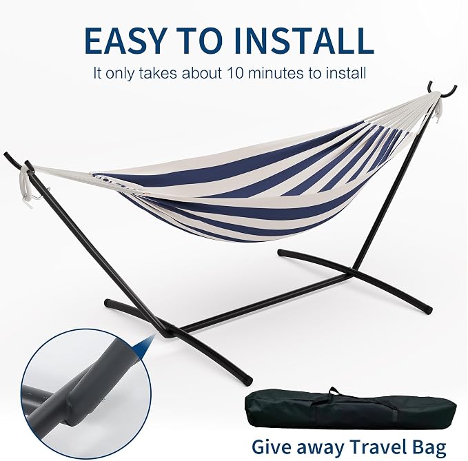 Heavy Duty Double Cotton Hammock with Steel Stand – 2 Person Brazilian-Style, 450lbs Capacity, Portable Indoor Outdoor Lounger with Carry Bag, Backyard, Balcony, Camping, Blue and White
