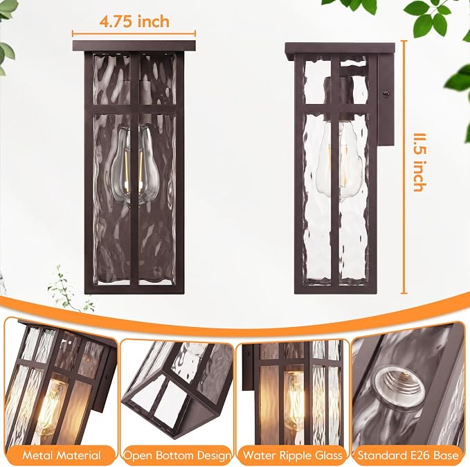 Outdoor Wall Light Fixtures, Modern Brown Porch Wall Lanterns | Waterproof Construction & Durable Metal, Rust-Resistant, Quick & Easy Installation, Ripple Glass Shades & Standard E26 Socket
