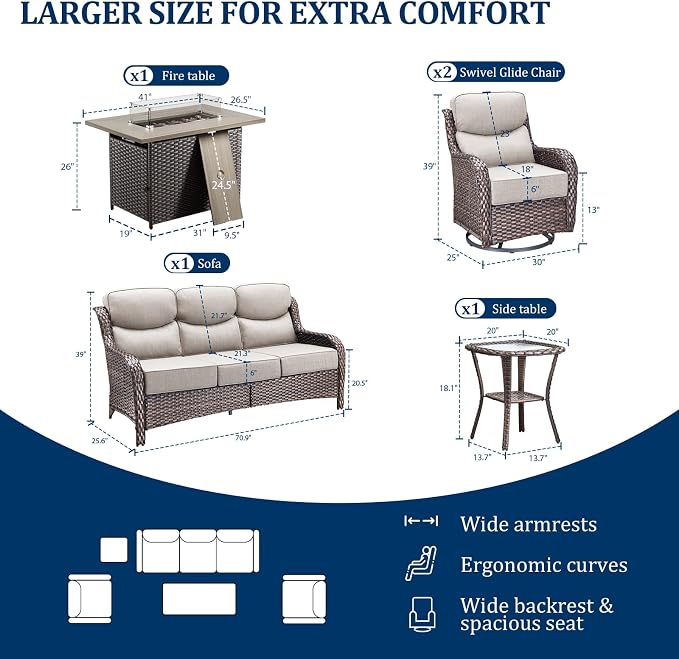 Luxury Swivel Rocker Chairs Fire Pit Table Set with 6" Thick Cushion 5 piece Wicker Outdoor Patio Chair with Sofa,Comfortable High Back Outdoor Patio Furniture Set - Brown | Beige