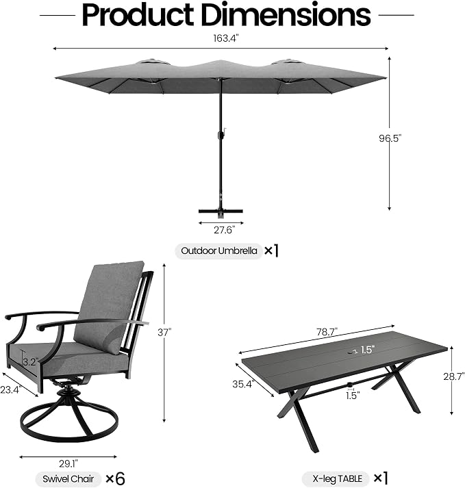 8 PCS Outdoor Patio Dining Set with 13.6ft Double-Sided Patio Umbrella,Patio Table and Chairs Metal Outdoor Patio Furniture Set,Dining Table Set with 6 Swivel Chairs,Grey