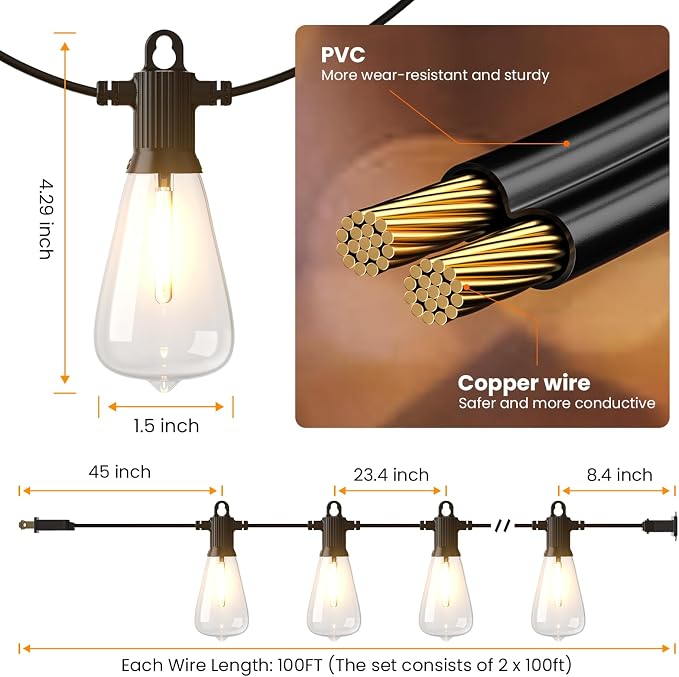 Kawaya 200FT LED Outdoor String Lights, Dimmable Waterproof Shatterproof Vintage Patio Lights with 100+4 Bulbs, Commercial Grade for Backyard, Garden, Bistro, Cafe & Party