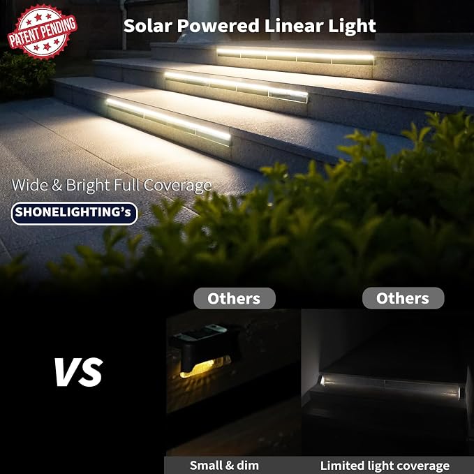 SHONELIGHTING Solar Step Lights Outside, 33 Focused LEDs, Stair Light, 12PK | Downward Lighting, High Brightness, Modular, Waterproof Aluminum, Risers, Deck, Curbsides, Planter Edges, Warm White, 3000K