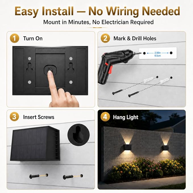 T-SUN 2 Pack Solar Up and Dow Wall Lights Outdoor, 3000K Wall Sconce | IP65 Waterproof Dusk to Dawn Auto On/Off Decorative Solar Wall Lights for Front Door Fence Patio Porch Garage Backyard