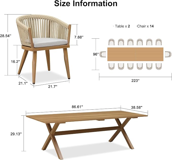 PURPLE LEAF 16 Pieces Outdoor Dining Set with Patio Aluminium Dining Table and Wicker Chairs Modern Furniture Cushions Sets for Backyard Indoor Decor Kitchen Teak