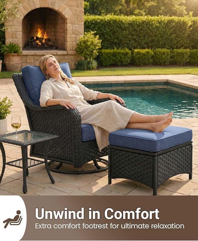 10 Pieces Outdoor Furniture Set with 6-inch Cushions, High Back Wicker Swivel Rocker Chairs with Fire Pit Table, Luxury Conversation Set for Deck Patio and Poolside