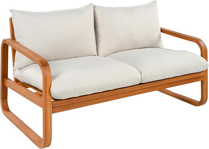Christopher Knight Home Coddy 4-Seater Patio Furniture Set with Coffee Table, 4 Piece Outdoor Acacia Wood Conversation Set with Cushion, Sold Wood Outdoor Sectional Sofa Set, Beige+Natural