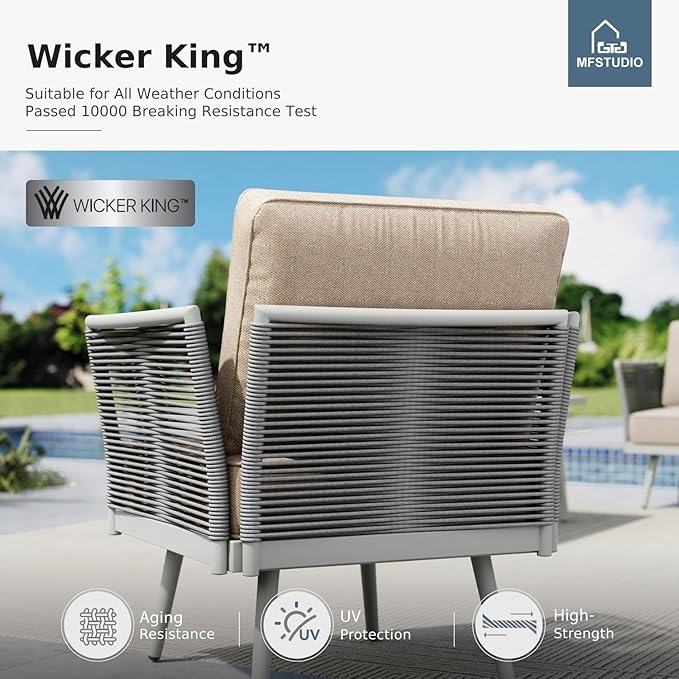 MFSTUDIO 6 Pieces Metal Patio Furniture Sets with Detachable Rope Rattan Armrest, 5 Seats Steel Outdoor Conversation Set All Weather Patio Sectional Couch with Coffee Table for Garden, Beige Cushion